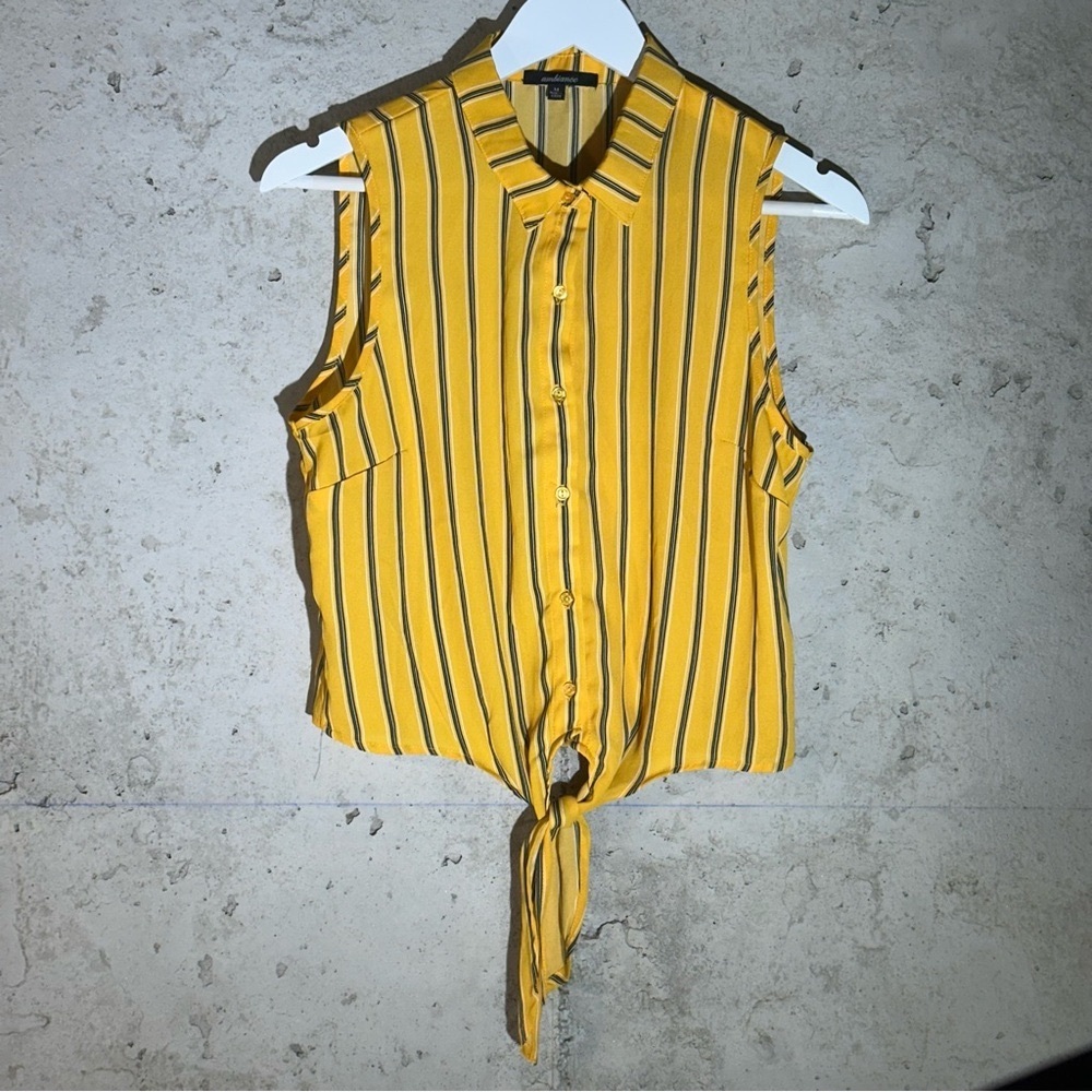 Mustard and Black Striped Tie-Front Blouse